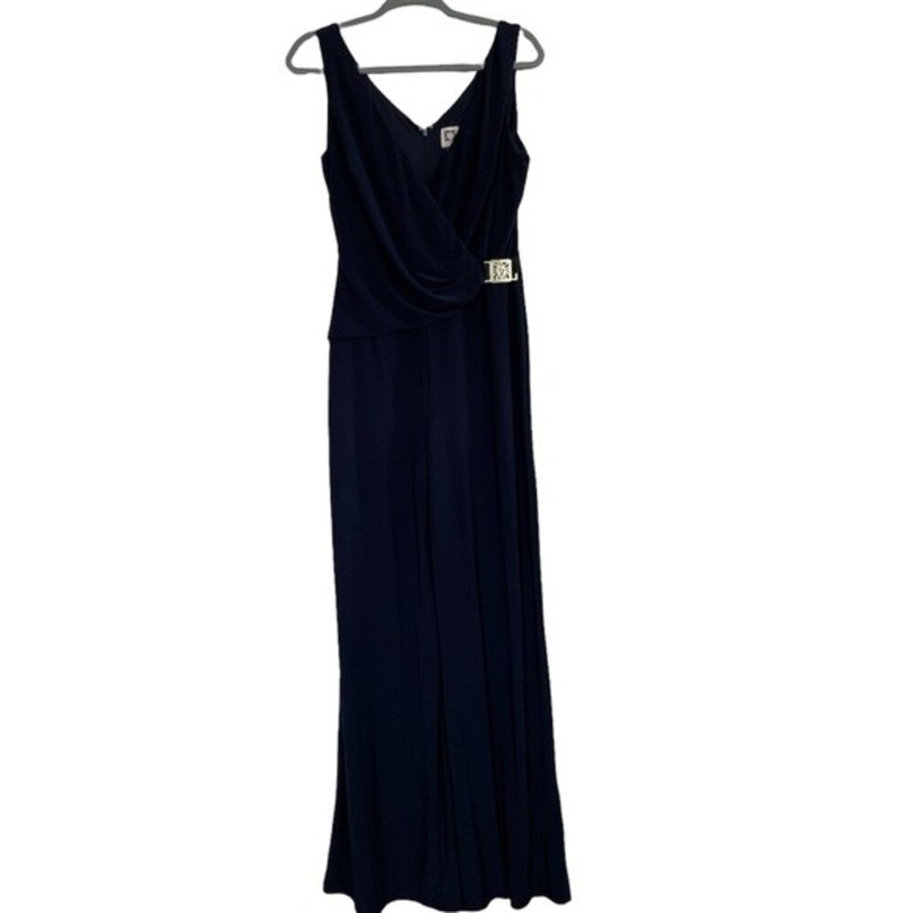 Anne Klein Navy Blue‎ Pants Jumpsuit with gold logo buckle. Size 10